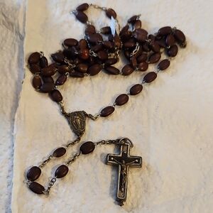 Brown Bead Rosary with Silver Cross